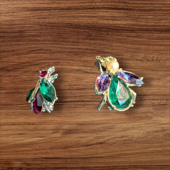 Vintage Bug-Inspired Rhinestone Brooch Set Silver-Tone Purple Green Jewel Accen - Picture 2 of 10